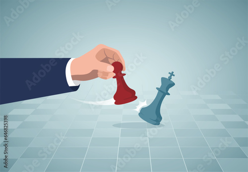 Vector of a businessman making a chess move with a pawn to kick a queen in chess game