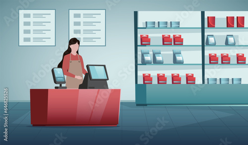 Supermarket female cashier working at checkout. Cash register worker standing at counter, waiting customers. Vector illustration for shopping, buying food concept