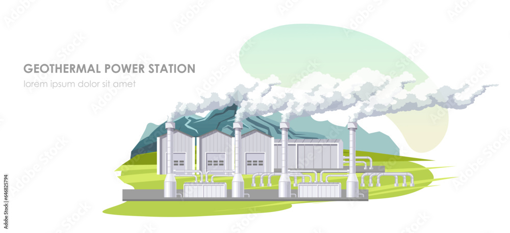 Geothermal power station. Mountain and field landscape. Electricity production technology. Ecological, renewable resource. Environmental, alternative source. Steam generation. Vector illustration