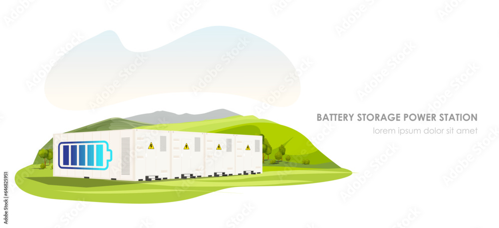 Battery storage power station. Electric energy grid, renewable clean power. Solar panel, eco system. Modern technology. Smart powerhouse. Rechargeable generator. Vector illustration