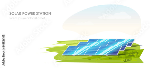 Solar panel station. Eco energy. Sunlight power. Electricity generation, renewable green ecological. Modern technology, clean sky. Alternative, industry. Vector illustration