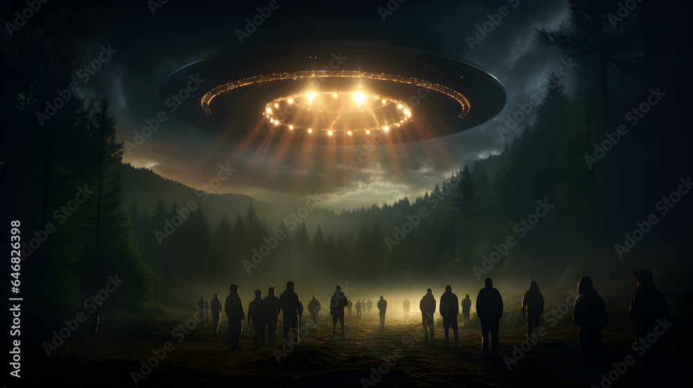 Giant UFO landing in a forest at night, crowd in awe - obrazy, fototapety, plakaty 