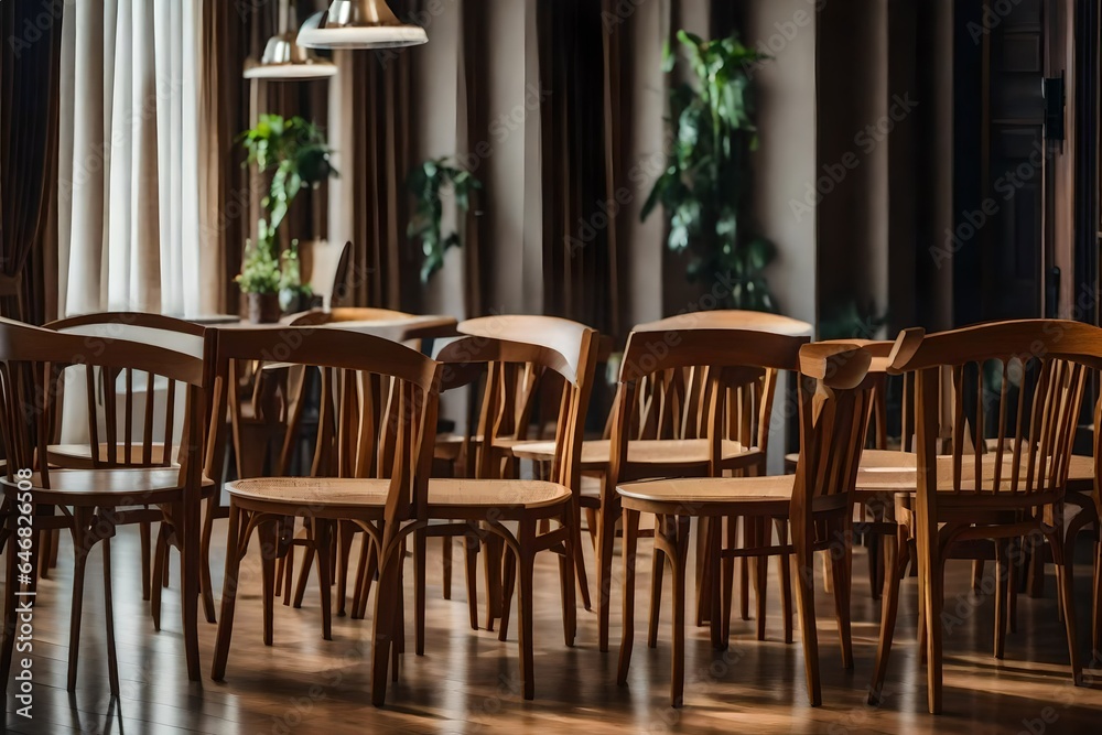 A vertical shot of wooden chairs in a reception room