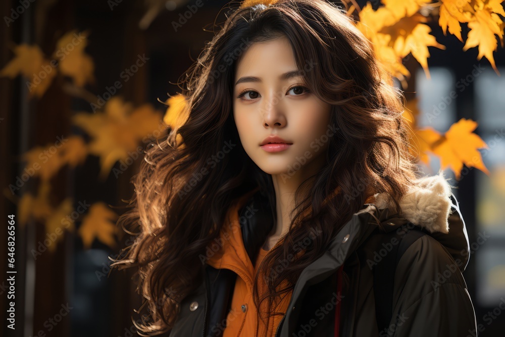 Portrait of a beautiful asian girl against Autumn trees Portrait of a beautiful asian girl against Autumn trees