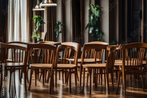 A vertical shot of wooden chairs in a reception room