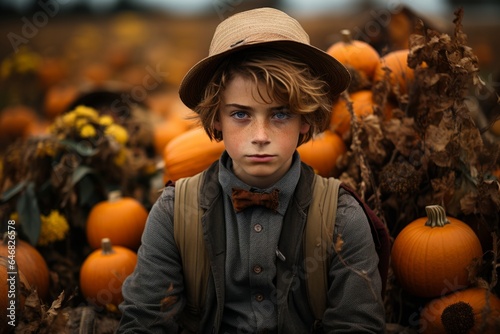 Portrait of a young red-haired guy in a field among pumpkins