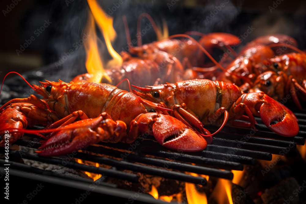 lobsters on the grill. grilling lobster over hot flame lobsters on the grill. grilling lobster over hot flame