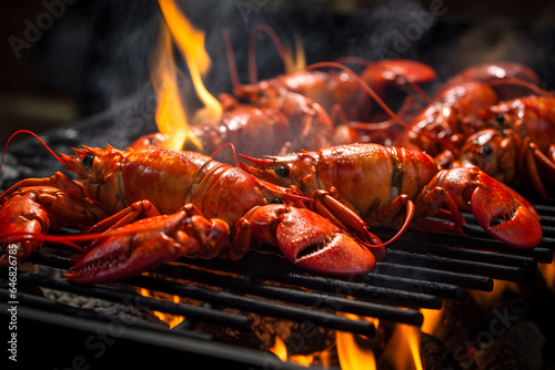 lobsters on the grill. grilling lobster over hot flame