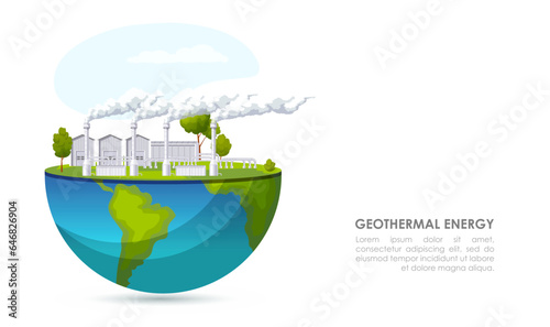 Geothermal power station on half of globe. Mountain and field landscape. Electricity production technology. Renewable resource. Environmental, alternative source. Steam generation. Vector illustration