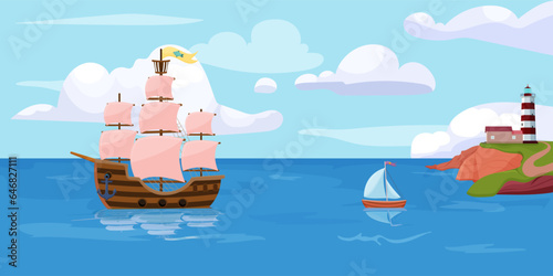 Picturesque marine seascape with sea ship, tiny sailing boat. Small island with lighthouse. Ocean travel, blue water, summer tourism, holiday vacation. Cartoon water transport. Vector illustration