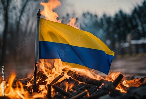 AI generated illustration of the burning Ukraine's flag upside down