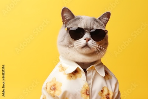 Cute cat wear sunglasses and shirt in summer background. © Pacharee