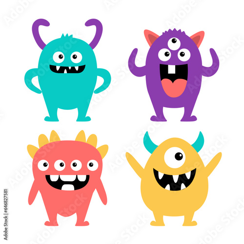 Happy Halloween. Cute monster set. Colorful silhouette monsters. Cartoon kawaii funny boo character. Cute face with teeth, horns, eyes. Childish baby collection. Flat design. White background.