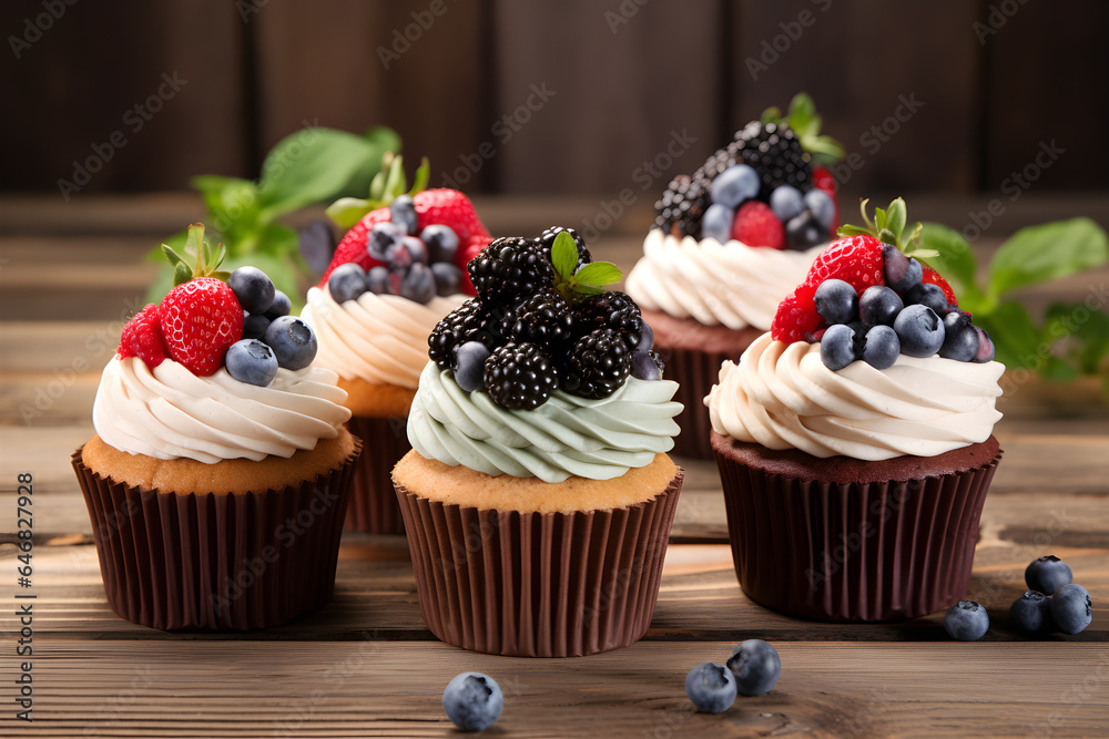 cupcake with berries, mint and strawberry with chocolate cupcakes cupcake with berries, mint and strawberry with chocolate cupcakes