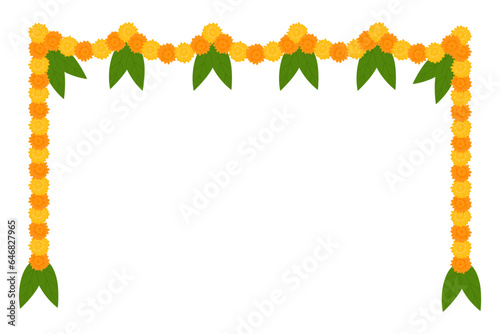 Traditional Indian flower garland with marigold flowers and mango leaves. Decoration for Indian Hindu holidays. Vector illustration isolated on white background.