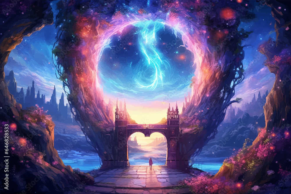 Man. Fantasy landscape with a fantasy portal to another world. Magic ancient temple. Mystical gothic church. Fairy Kingdom. Fantastic scene. Fantasy castle. Digital vector painting