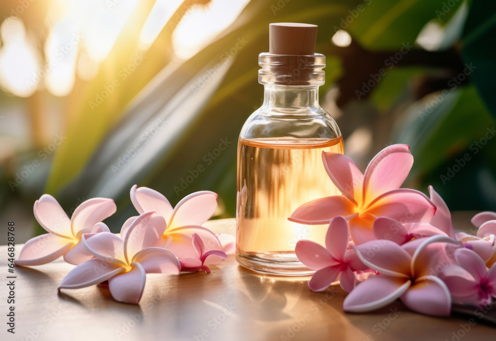 Glass bottle with essential oil among the plumeria blossoms Glass bottle with essential oil among the plumeria blossoms