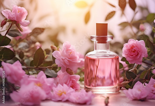 Glass bottle with essential oil among the Damascene rose blossoms