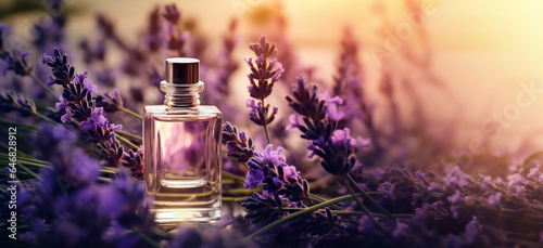Glass bottle with essential oil among the lavender blossoms