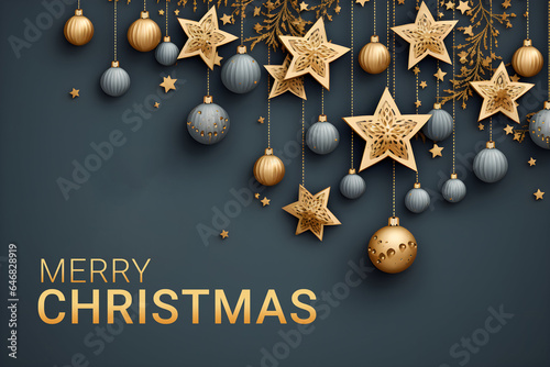 Weihnachtliche goldene Dekoration auf dunklem Hintergrund, Weihnachtskarte, erstellt mit generativer KI photo