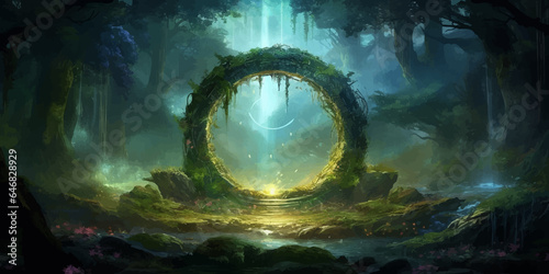 Magical majestic portal in the shape of a circle in Mystical dark forest. Magic lights. Gateway to another realm. Wonders. Hidden secrets. Unknown. Shimmering magic ring. Journey. Vector illustration