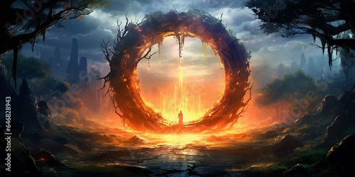 Magical Fire portal in the shape of a circle in Mystical dark forest. Magic lights. Fantasy gate. Gateway to another realm. Wonders. Unknown. Shimmering magic ring. Journey. Vector illustration photo