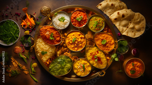 Vibrant overhead shot of spicy Indian curries, set against a rich golden tapestry.