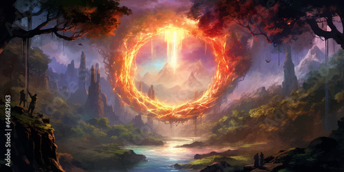 Magical Fire portal in the shape of a circle in Mystical dark forest. Magic lights. Fantasy gate. Gateway to another realm. Wonders. Unknown. Shimmering magic ring. Journey. Vector illustration