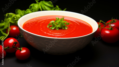 Vivid red tomato soup bowl, centered in a monochromatic ruby setting.