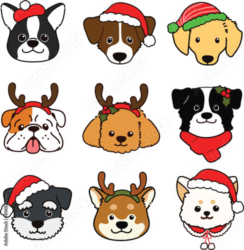 Simple and cute Christmas illustrations with adorable dogs faces with outlines set A
