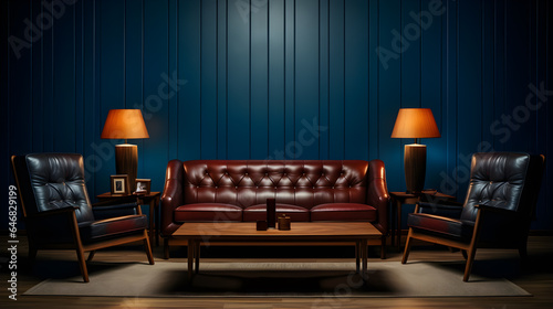 a living room with a leather sofa. Modern living room interior