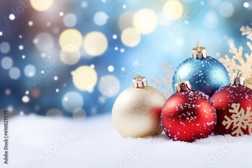 Christmas baubles decoration  Christmas balls on snow closeup  bokeh lights background