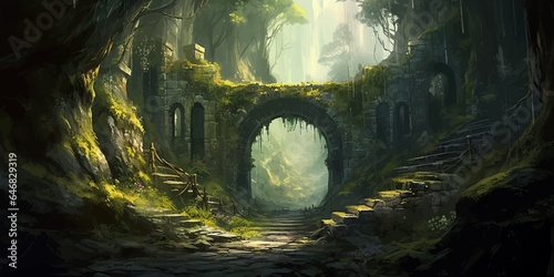Beautiful landscape with old destroyed bridge. Ancient ruins and an old stone bridge in a dark forest. Overgrown with moss. Mistical Green gorest. Vtctor Digital illustration photo