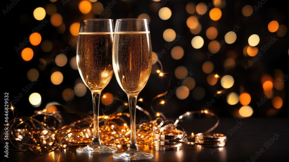 Glasses of champagne toasting in the night party. Celebration concept. Glasses of champagne toasting in the night party. Celebration concept.