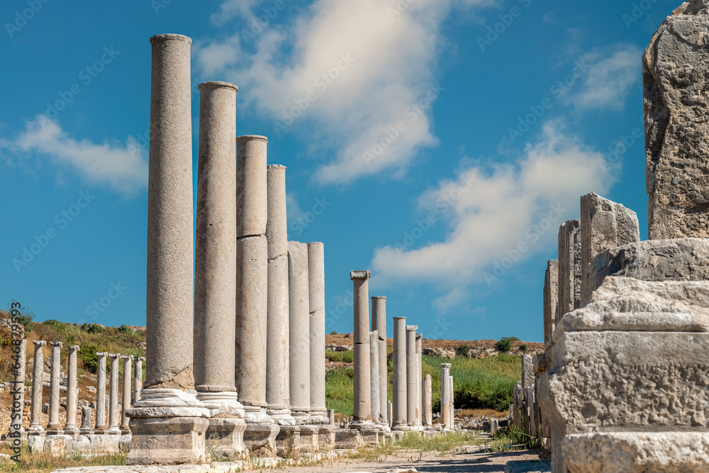 Fototapeta premium Ancient city of Perge in Antalya, Turkey. Historical ruins in the ancient city of Pamphylia