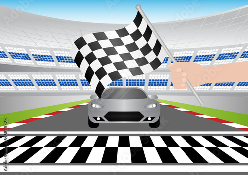 Checkered Flag in Hand Waving in Sport Racing Track Stadium. Racing Track with Start or Finish line. Race track road. Vector Illustration.