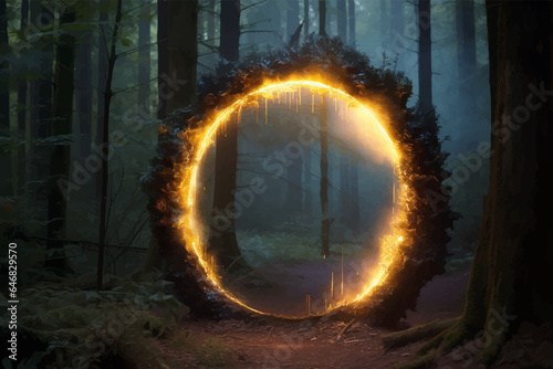 Magical Fire portal in the shape of a circle in Mystical dark forest. Magic lights. Fantasy gate. Gateway to another realm. Wonders. Unknown. Shimmering magic ring. Journey. Vector illustration
