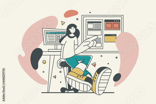 Development company concept with people scene in flat retro design for web. Programmer works with code and creating wireframe layouts. Vector illustration for social media banner, marketing material.