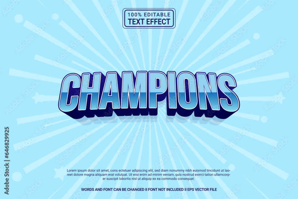 Editable text effect Champions 3d cartoon template stlye modren premium vector Editable text effect Champions 3d cartoon template stlye modren premium vector