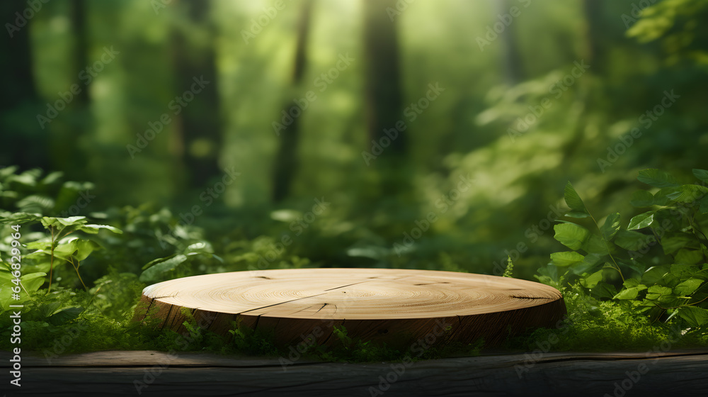 Natural style. Wooden cutout, round podium, presentation display stand. Natural style. Wooden cutout, round podium, presentation display stand.