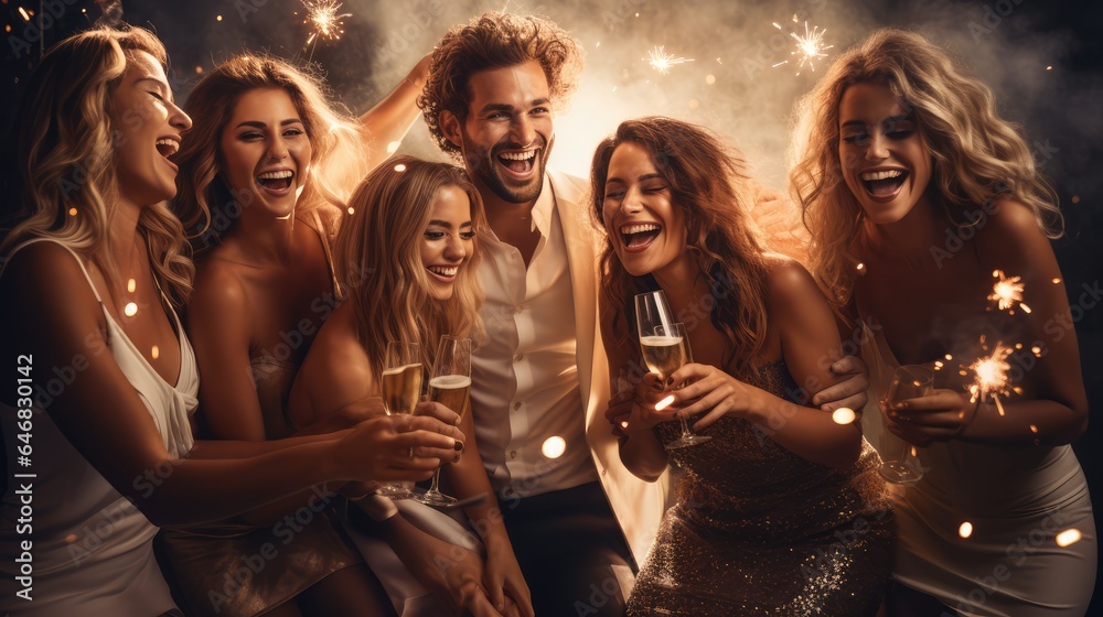 © Oulaphone - Group of friends celebrating with champagne and sparklers at a party