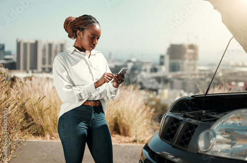Car problem, phone or frustrated black woman late for work from engine crisis on road in city. Message, texting or worried African driver by a stuck motor vehicle with stress or anxiety in emergency