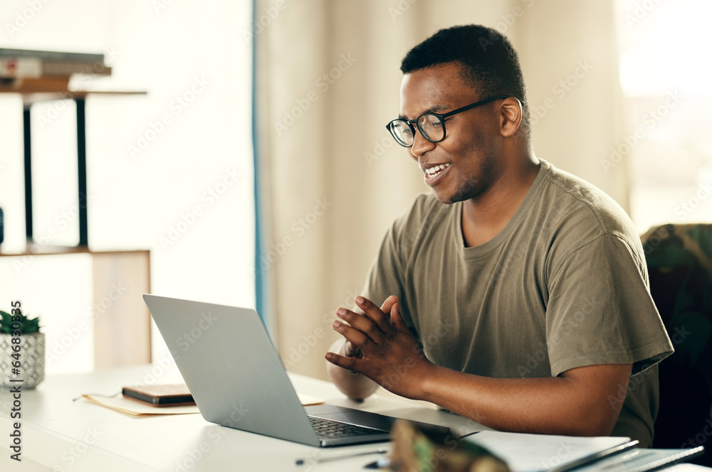 Man, laptop and smile for remote work, research or copywriting in home office with happiness and glasses. Computer, employee and person working or reading project online with internet or connectivity