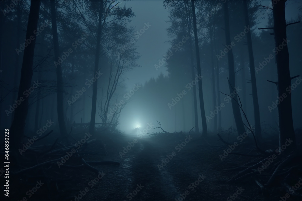 foggy and dark woods at night, mystery forest. Magical saturated foggy forest trees landscape. Generative AI