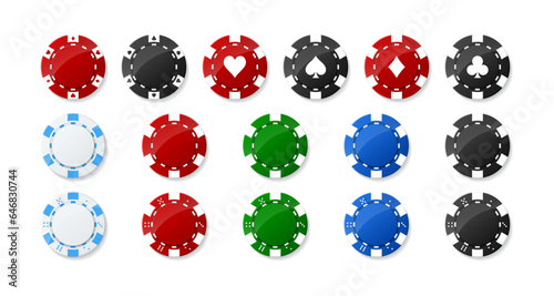 Set of colorful casino poker chips. Collection of white, red, green, blue, black tokens. Gambling game. Raise money. Try luck. Play roulette. Isolated on white background. Vector illustration