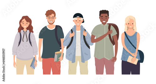 Student group standing together. Young people with backpacks and books. Diverse college classmates in casual clothes. Youth lifestyle concept
