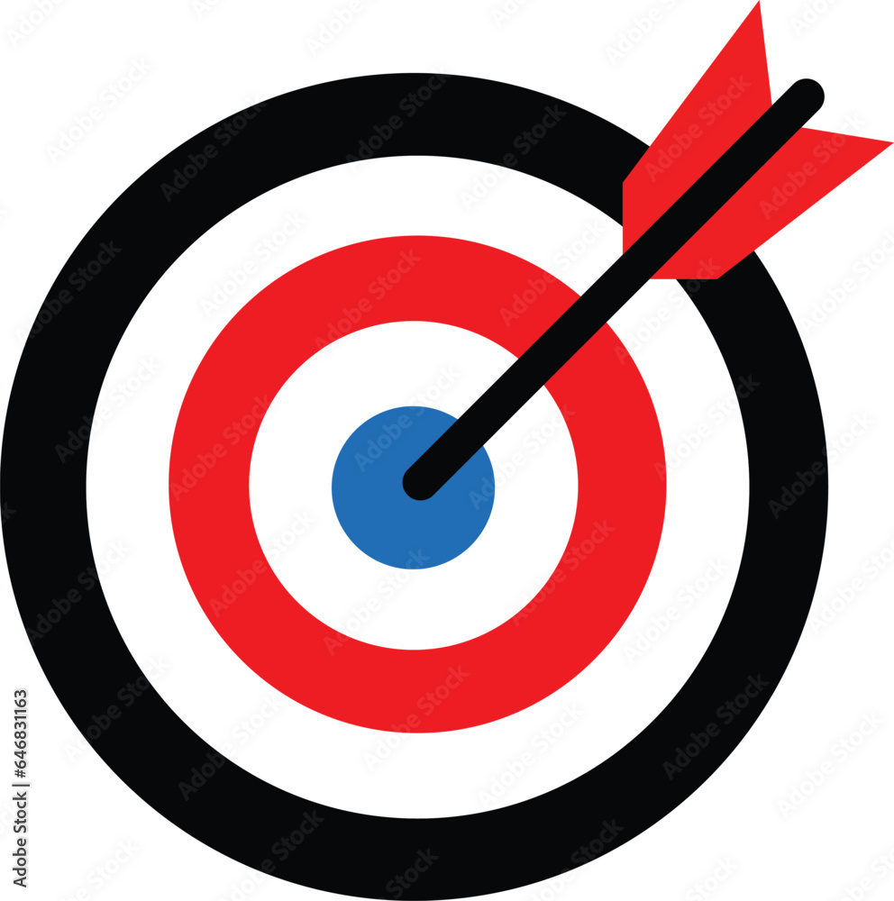black and red Target icon. Dartboard with arrow. Marketing strategy sign. Goal achievement symbol. Target Icon in trendy flat style isolated on transparent background.