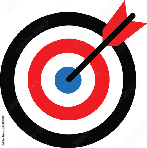 black and red Target icon. Dartboard with arrow. Marketing strategy sign. Goal achievement symbol. Target Icon in trendy flat style isolated on transparent background.