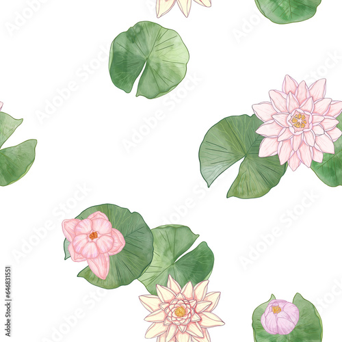 Water flowers and lily leaves viewed from above. Seamless pattern for printing on fabric  wrapping and packaging paper  and other products. Color illustration of beautiful flowers on the water. High