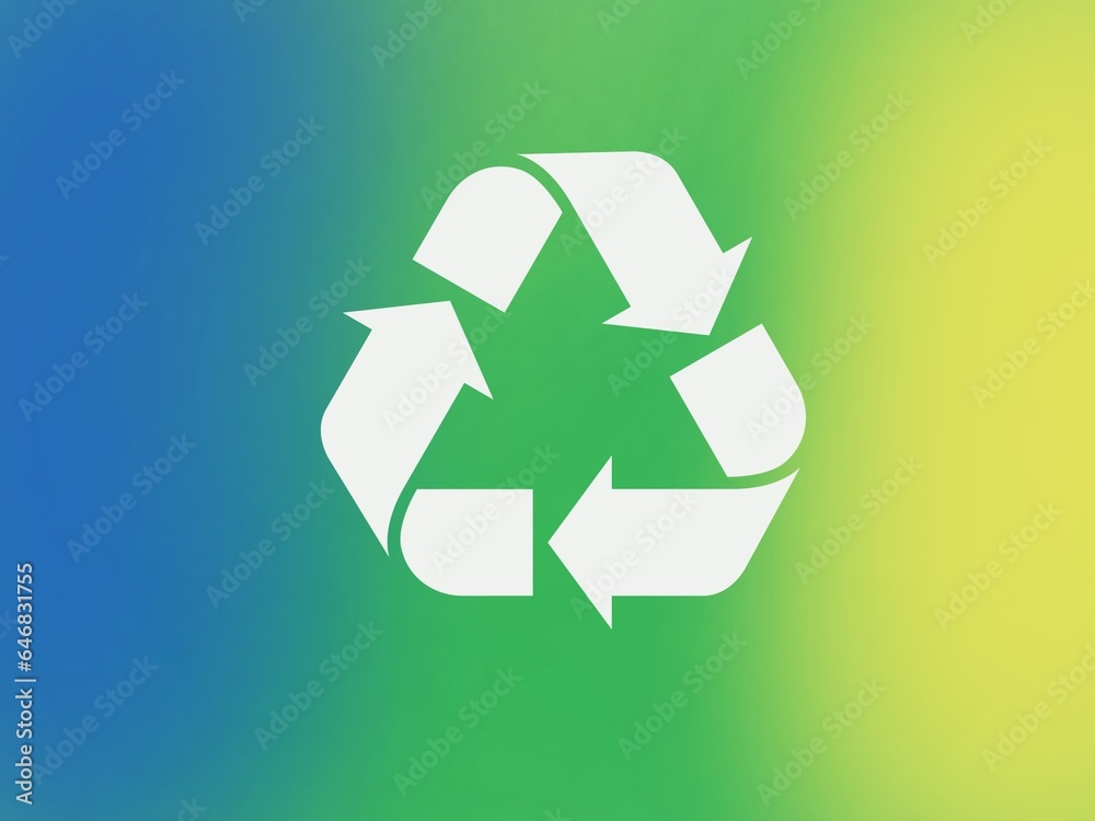 Blurred background with black recycling symbol and blue, green and yellow colors, garbage separation. Environmental conservation and recycling. Blurred background with black recycling symbol and blue, green and yellow colors, garbage separation. Environmental conservation and recycling.
